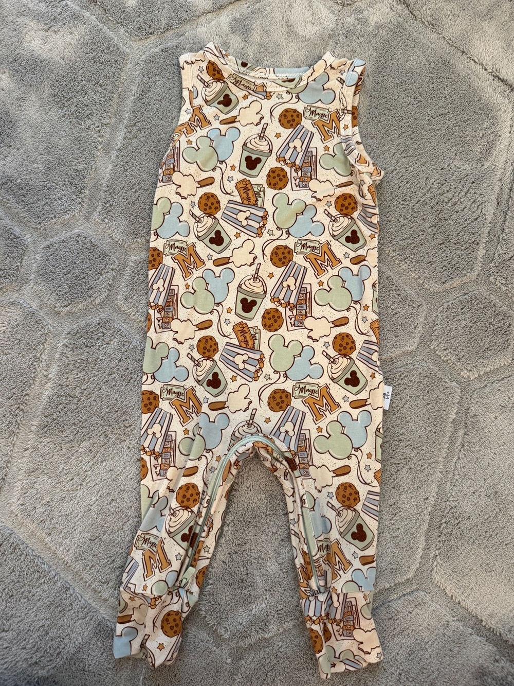 Blush Lotus Mickey Disneyland Snacks Green Zippered Romper Unisex 18-24 Months